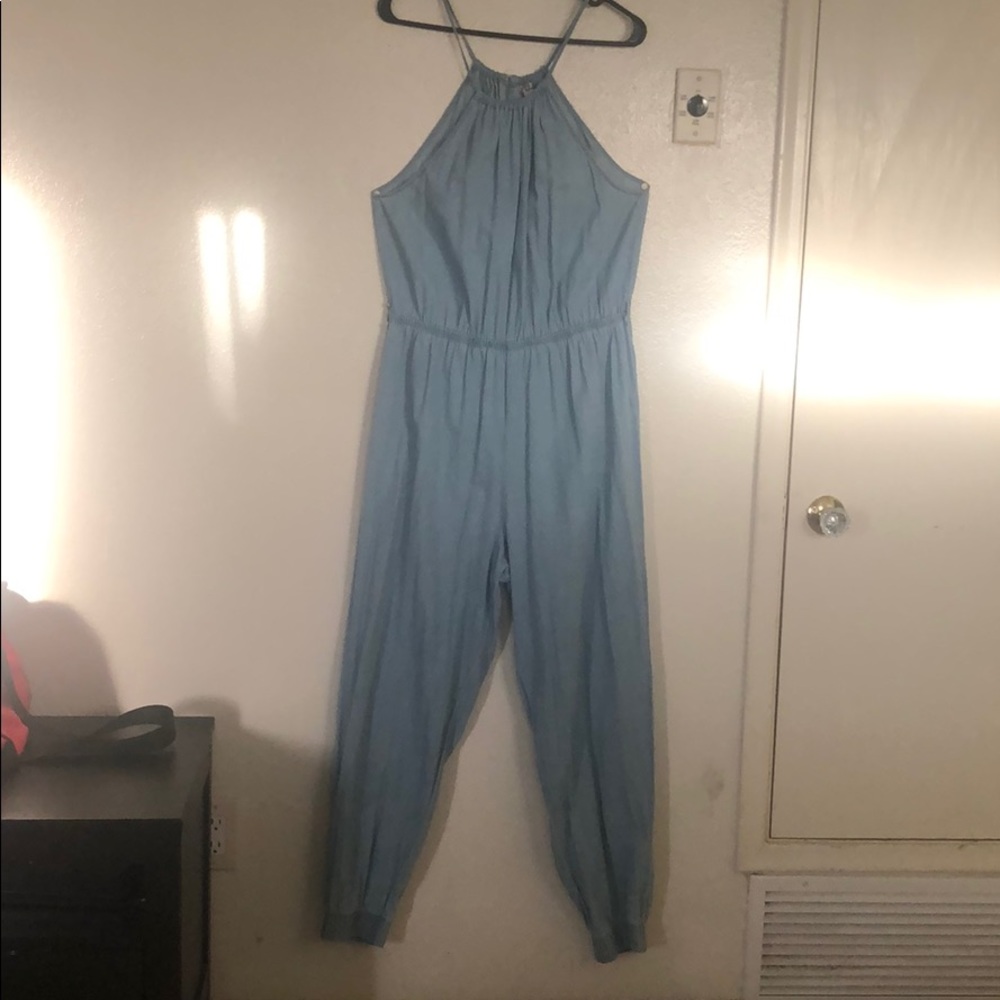 Denim pant romper with open back!